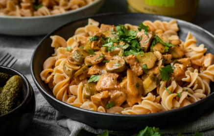 Ricetta fit: Tempeh alla Stroganoff con pasta proteica