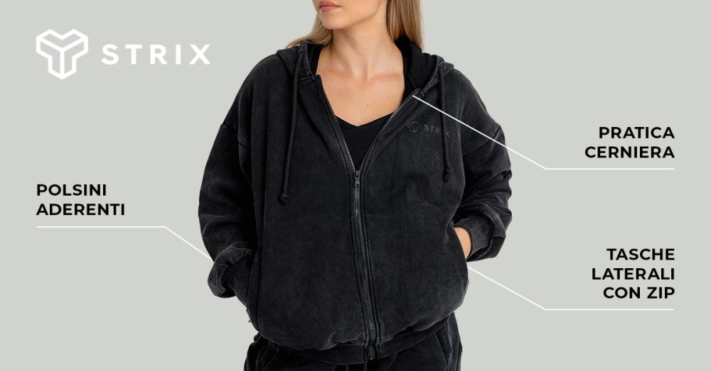 Felpa con cappuccio donna con zip lavata nera - STRIX