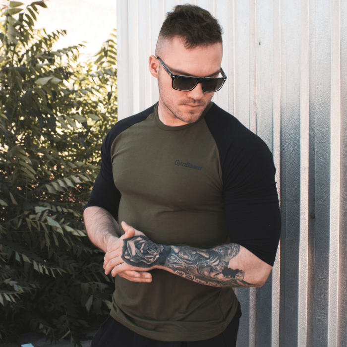 Men's T-shirt Fitted Sleeve Military Green Black - GymBeam