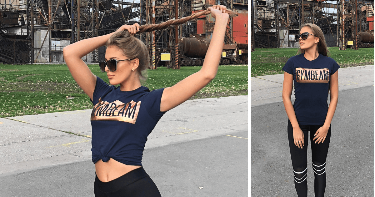 Women’s T-shirt Box Logo Navy Rosegold - GymBeam